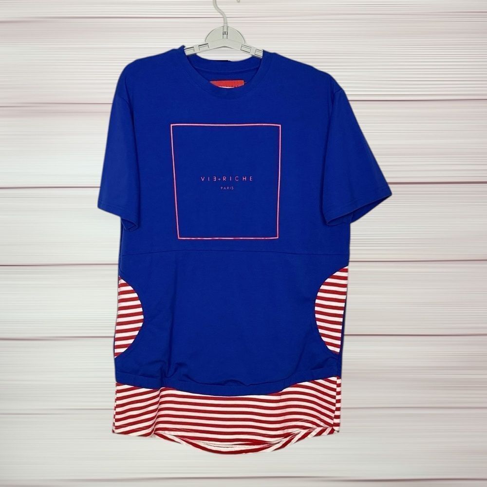 Vie+Riche Streetwear T-Shirt Cotton Blue and Red White Striped Kangaroo Pocket L
